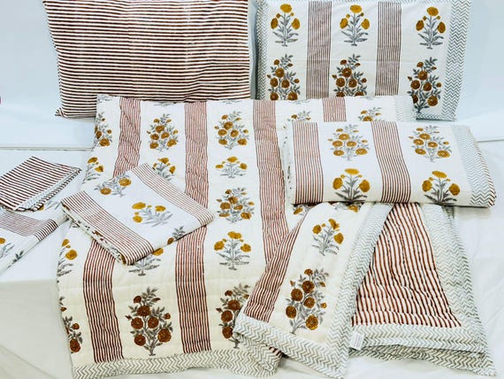 Handmade Cotton Quilt: Yellow Floral Block Print Razai Bedcover