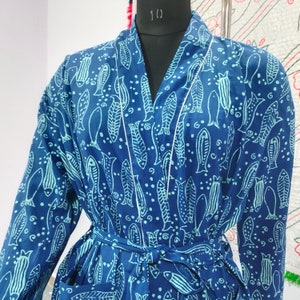 Block Print Cotton Kimono, Fish Print cotton bath Robe, Kimono Dressing Gown, Hand block kimono, kimono robe nightwear, Kimono Dressing Gown