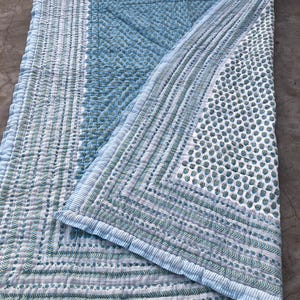 Hand Block Print Cotton Quilt, Reversible Kantha Razai, Bohemian Bedding, blue sky color vintage