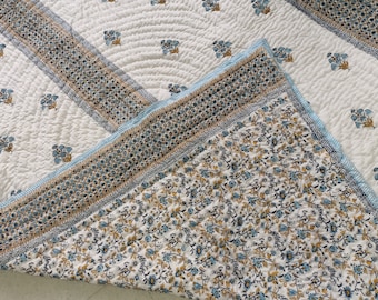 Handmade Blue Floral Block Print Quilt – Reversible Cotton Jaipuri Razai