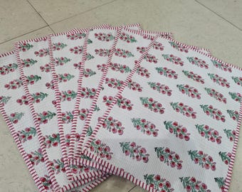 Set of 4,8, 12, Hand Block Print Placemats - Quilted Cotton Floral Table Mats napkins
