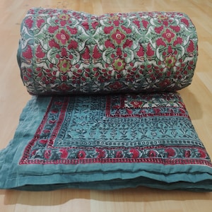 Beautiful Floral Design Hand Block Print Cotton Quilt Printed Reversible Razai Cotton Handmade Floral Quilt, Jaipuri Bedspreads Comforter