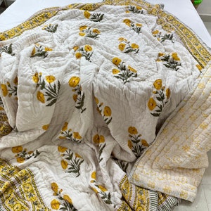 Handmade Block Print Quilt – Boho Cotton Quilt, Indian Kantha Blanket, Lightweight Bedspread Throw