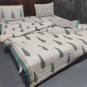 Hand Block Printed Cotton Quilt: Floral Jaipuri Razai, King/Queen Size