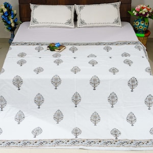 Handmade Indian Cotton Blanket: Hand Block Print Reversible Queen Dohar