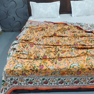 Hand Block Print Cotton Quilt: Reversible Boho King/Queen Blanket