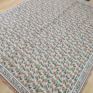 Handmade Block Print Cotton Quilt: Boho Floral Kantha Bedding