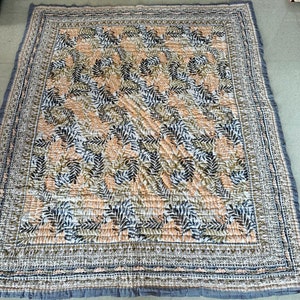 Handmade Floral Block Print Cotton Quilt: Jaipuri Reversible Bedspread