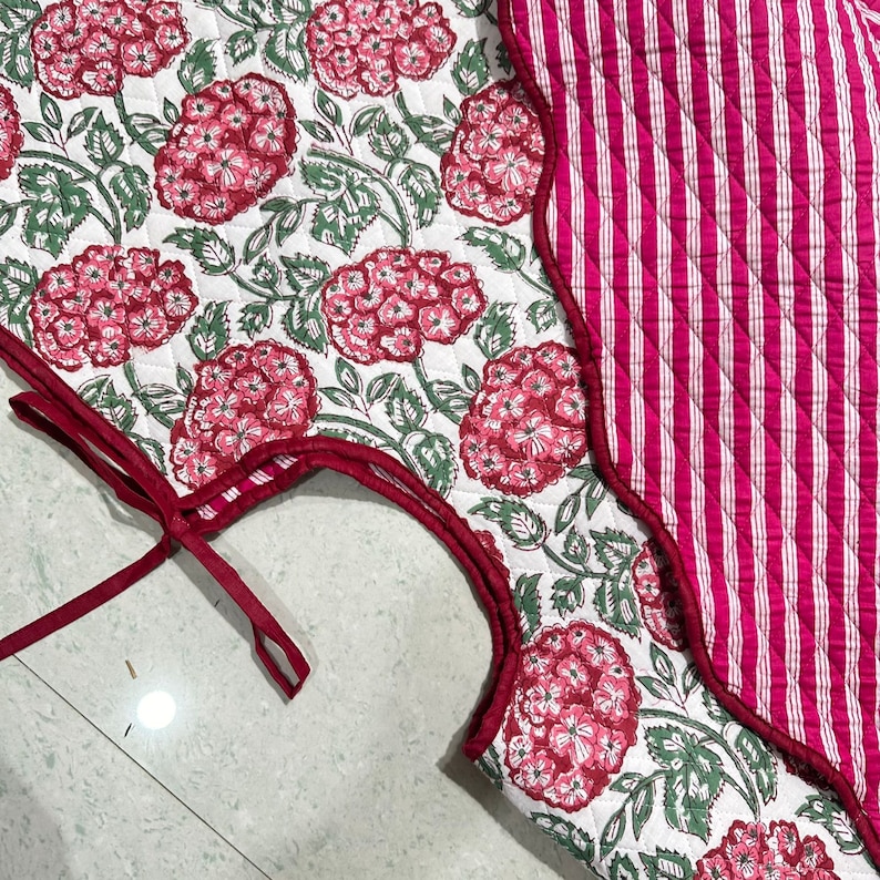 Christmas Decor Tree Skirt, Indian Floral Hand Block Printed Piping Scallops Cotton Cloth Christmas Tree Skirt