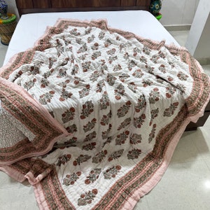 Ręcznie robiona bawełniana narzuta | Quilt z nadrukiem blokowym | Narzuta boho | Super miękki quilt Kantha | Bawełniany kołdra | Prezent