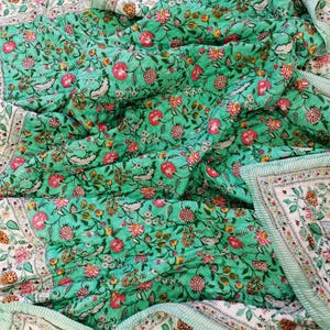 Sea green Hand Block Print Cotton Quilt Vintage Boho Bedding, Lightweight Rajai