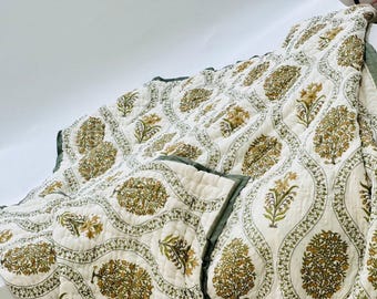Handmade Block Print Quilt – Boho Cotton Quilt, Indian Kantha Blanket, Lightweight Bedspread Throw  Jaipuri Hand Block Printed Quilt