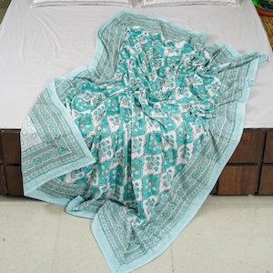 Dohar de algodón con estampado a mano / Manta suave de verano AC / Edredón reversible ligero / Ropa de cama india Jaipuri