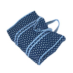 Quilted Cotton Handprinted Reversible Blue Print Tote Bag Eco friendly Sustainable Sturdy Grocery Shopping Handmade Boho bag