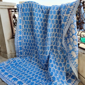 Elephant Block Print Cotton Quilt: Indian Jaipuri Reversible Bedspread