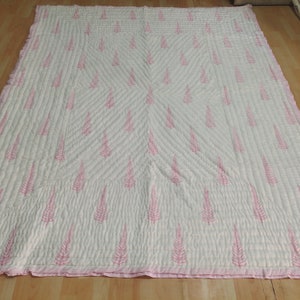 Handmade Block Print Cotton Quilt: Boho Floral Kantha Throw