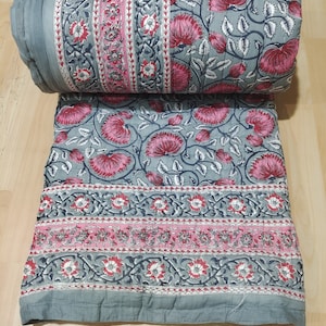 Handmade Floral Block Print Cotton Quilt - Indian Jaipuri Reversible Razai