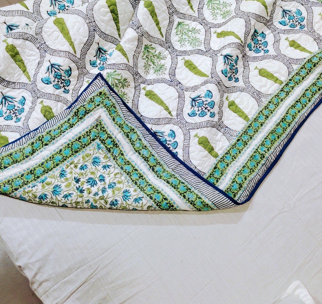 Kantha Reversible Quilt/ Hand Block Print /bed Cover/ Indian Quilted