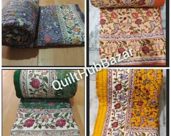 Indian Jaipuri Block Print Quilt Printed Reversible Razai Cotton Handmade Floral Quilt, Jaipuri razai, Bedspread