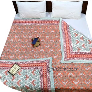 Handmade Floral Block Print Cotton Quilt: Reversible Jaipuri Bedding