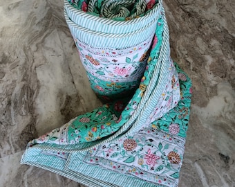 Hand Block Print Quilt – Sage Green Floral Cotton Bedspread - Reversible Jaipuri Bedding