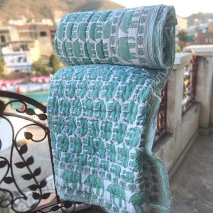 Green Elephant Block Print Cotton Quilt: Jaipuri Handmade Razai