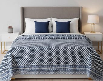 Handmade Blue check Cotton Quilt, Reversible Indian Block Print Bedspread