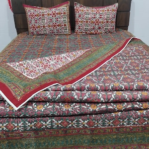 Hand Block Print Queen Quilt: Reversible Indian Cotton Razai