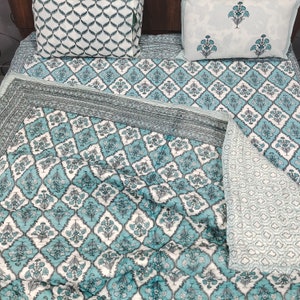 Hand Block Print Queen Quilt: Floral Cotton Bedspread