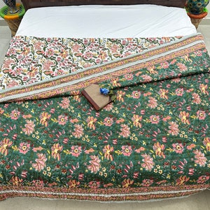 Handmade Floral Block Print Cotton Quilt: Reversible Indian Bedspread