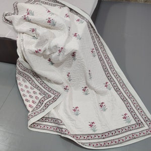 Edredón de algodón con estampado a mano, reversible, Jaipuri Razai, tamaño Queen, King y Twin, rosa y blanco, lavable.
