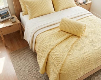 Hand Stitched Yellow Cotton Quilt Set: Indian Block Print Queen Bedspread