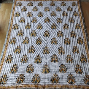 Jaipuri Floral Block Print Quilt: Reversible Cotton Kantha Bedspread
