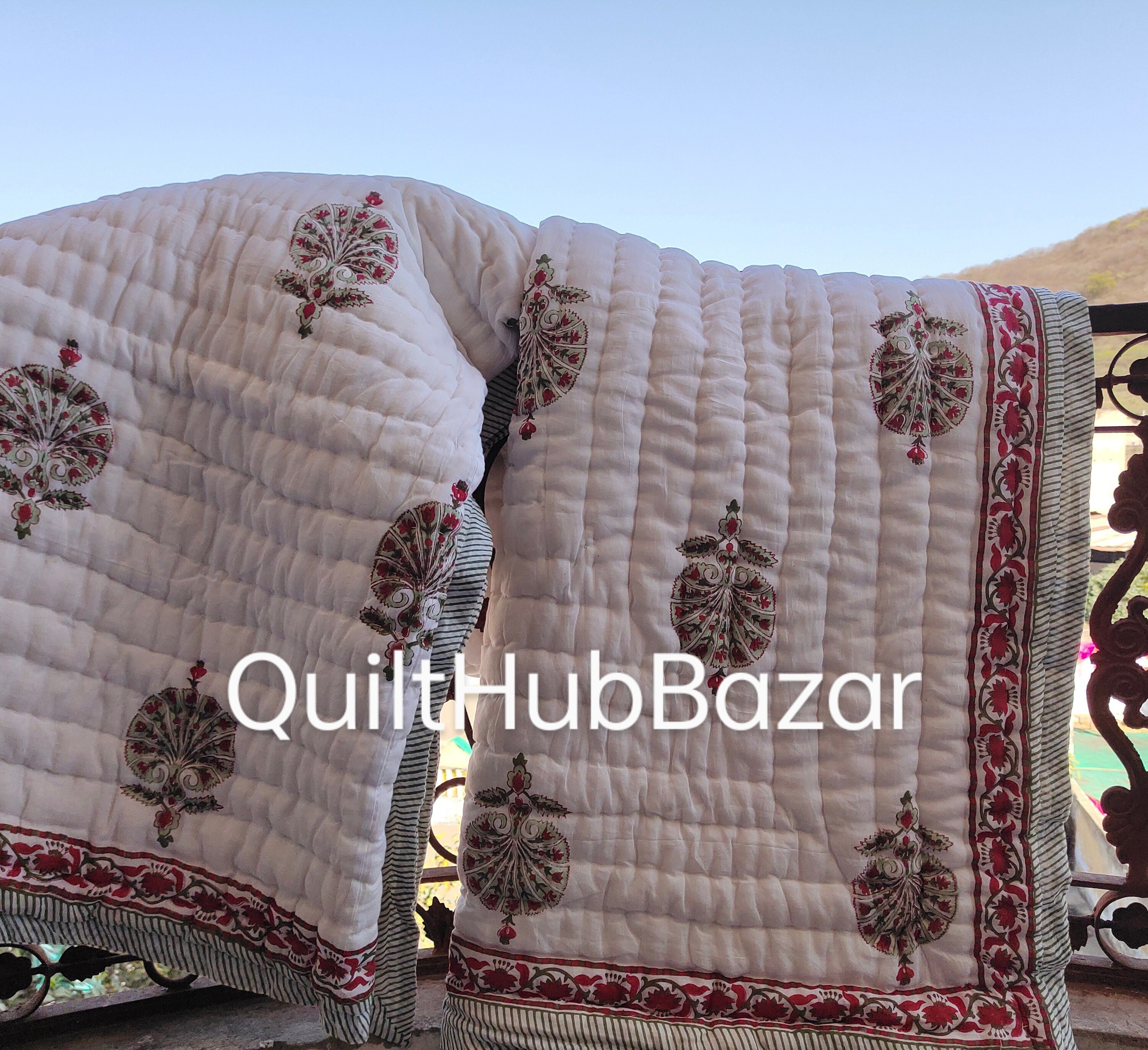 Handmade Indian Hand Block Print Quilt – Reversible Cotton Razai Throw, Queen Size, Plum Tree Design