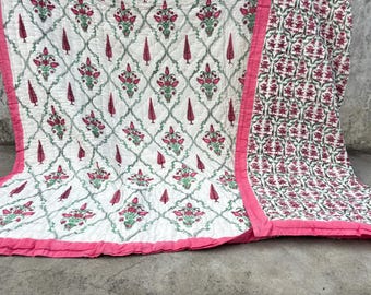 Jaipuri Hand Block Print Quilt, Pink Floral Cotton Quilt, Reversible Kantha Bedspread, Handmade