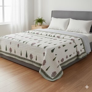 Handmade Floral Block Print Cotton Quilt: Lightweight Reversible Bedspread [Twin/Queen/Kind]