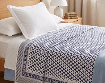 Navy White Geometric Hand Block Print Cotton Quilt | Jaipuri Floral Boho Bedding Throw -