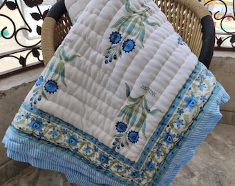 Hand Block Print Quilt, Blue Floral Jaipuri Razai, Cotton Kantha Bedspread