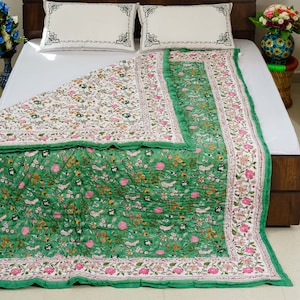 Hand Block Print Cotton Quilt – Boho Bedding Throw Blanket – Reversible Rajasthani Quilt 100% Cotton Hand Block Printed Quilt