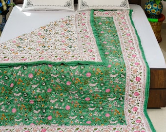 Hand Block Print Cotton Quilt – Boho Bedding Throw Blanket – Reversible Rajasthani Quilt 100% Cotton Hand Block Printed Quilt
