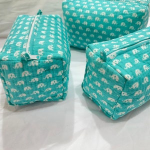 3個入り ベグ ターコイズカラー 象プリント トイレタリーバッグ コスメティックバッグ 防水バッグ ブライズメイドギフト ウェディングバッグ 彼女へのギフト