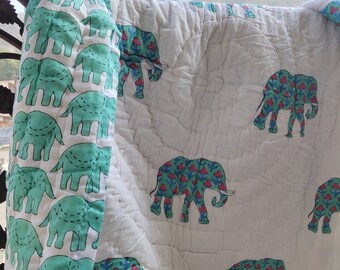 Indian Artisanal Elephant Bedding - Soft Cotton Block Print Quilt - Reversible Jaipuri Razai -