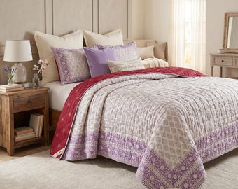 Lila handbedruckte Tagesdecke – Wendbare Baumwoll-Kantha-Tagesdecke