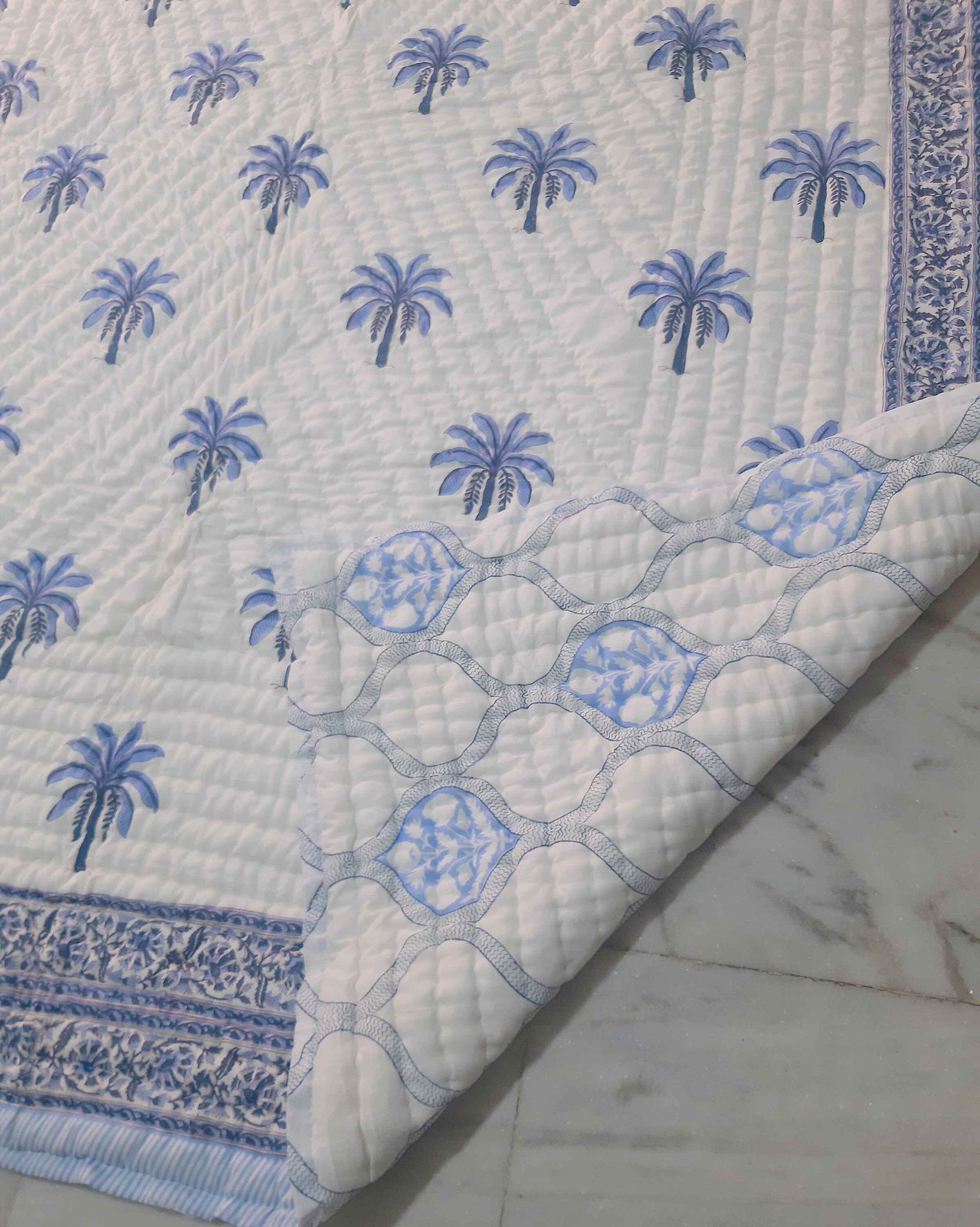 New Unique Palm Tree Design Block Print Cotton Quilts, Jaipuri Block Print Quilt Printed Reversible Razai Cotton Handmade Quilt, Bedspreads