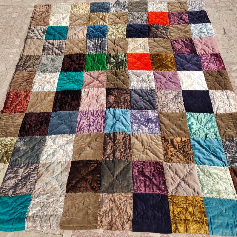 Solid Plan Velvet Patchwork Quilt/ Multi Color Quilt/ Luxury Etsy