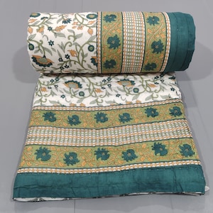 Handmade Floral Block Print Cotton Quilt: Reversible Jaipuri Kantha Bedspread