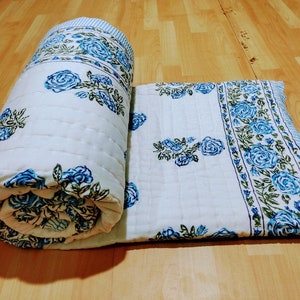 Beautiful Blue Buta Floral Design Indian Block Print Reversible Quilt, Handmade Printed  Razai,  Cotton Floral Quilt, Bedspreads Comforter