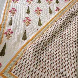 New Leaf & Butta Print Quilt Cotton Quilts, Jaipuri Block Print Quilt Printed Reversible Razai Handmade Quilt, Bedspreads Bedding Quilt