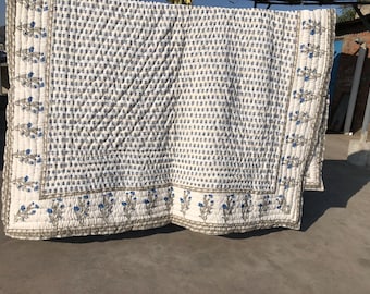 Colcha de algodão estampada à mão – Roupa de cama boho reversível, tamanho queen