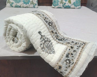 Hand Block Print Cotton Kantha Quilt: Lightweight Indian Bedspread